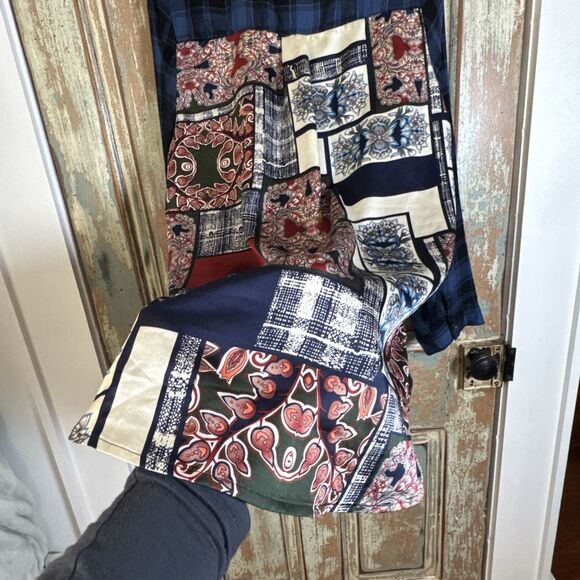 BD Collection Womens L Blue Plaid & Floral Scarf Back Blouse Collar Button - Picture 9 of 11